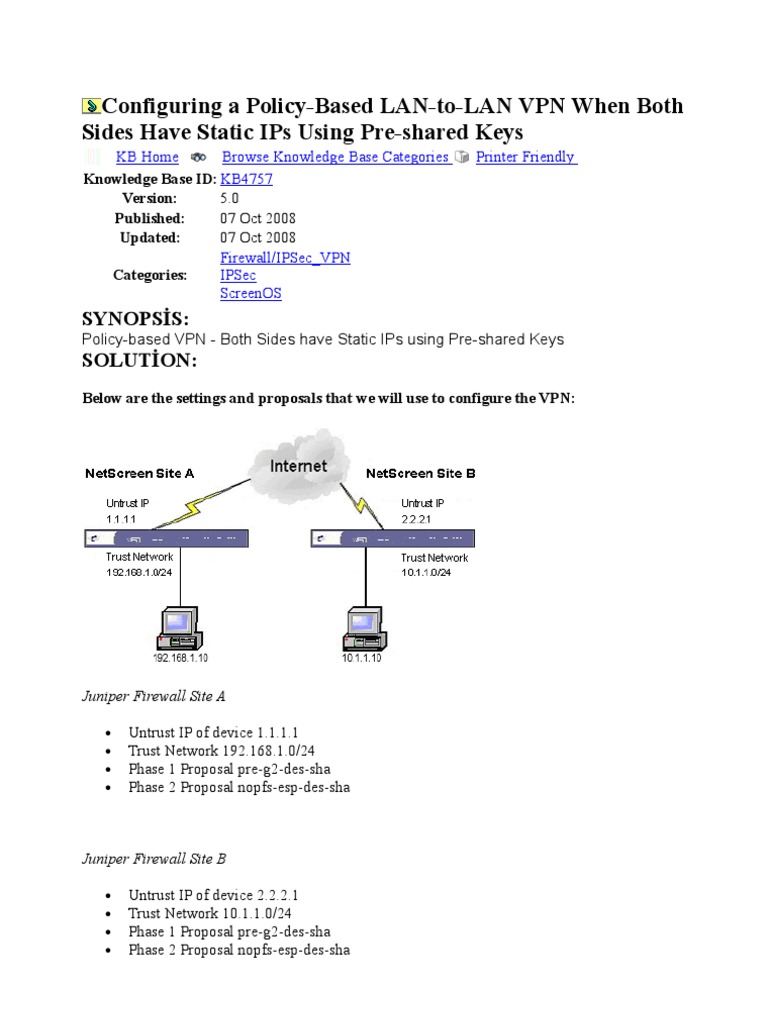 LAN-to-LAN VPN Setup with Static IPs | PDF