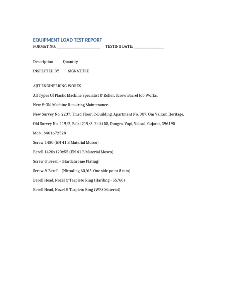 Equipment Load Test Report | PDF