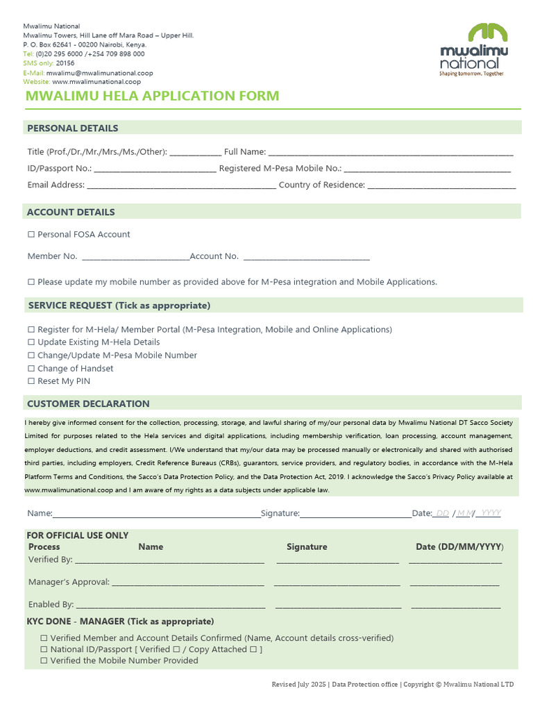 Revised Mwalimu Hela Application Form | PDF