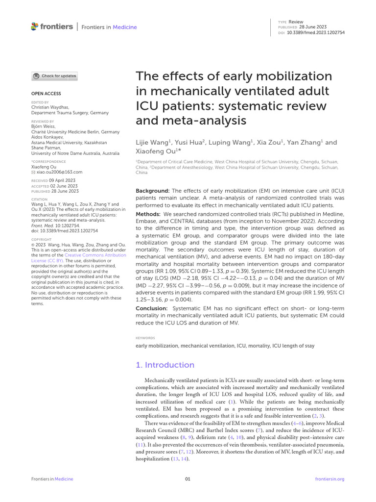 Fmed-10-1202754 The E?ects of Early Mobilization | PDF | Randomized ...