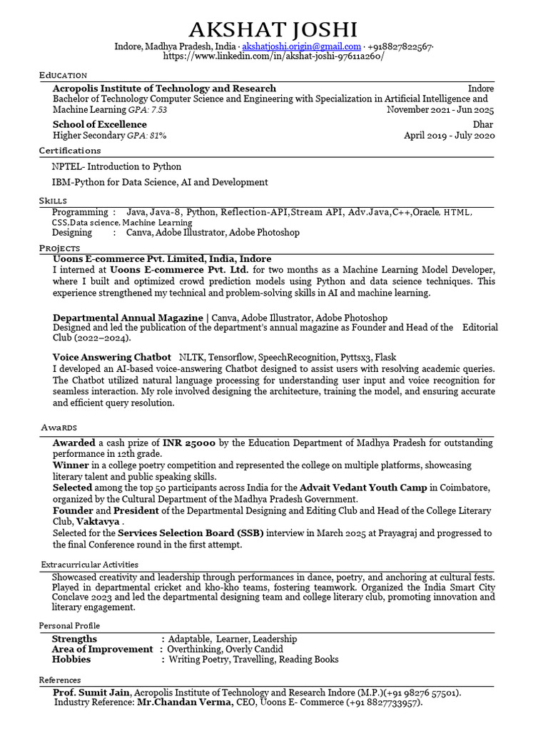 Akshat Joshi Resume JAVA | PDF | Artificial Intelligence | Intelligence ...