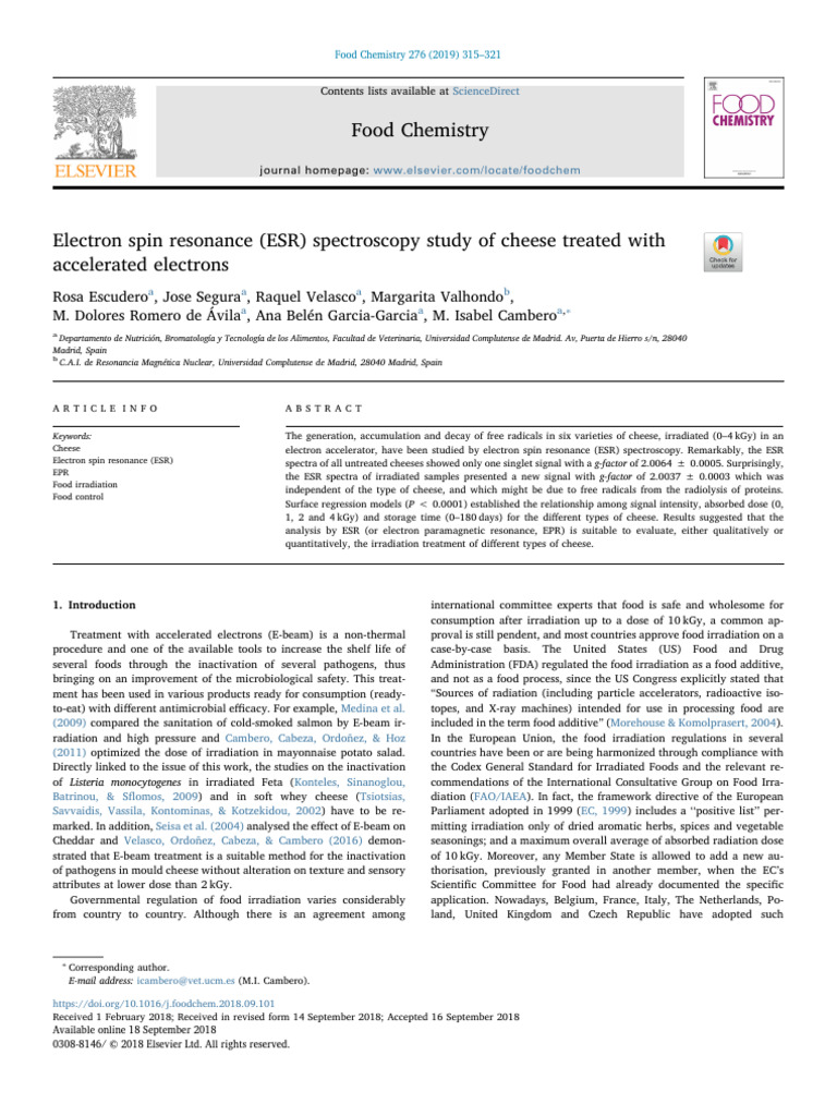 Electron Spin Resonance (ESR) Spectroscopy Study of Cheese Treated With ...