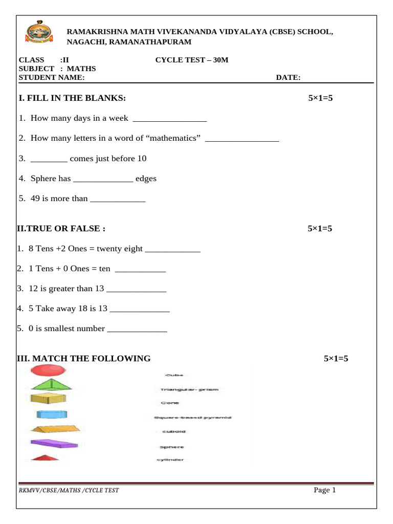 Grade 2 Cycle Test | PDF