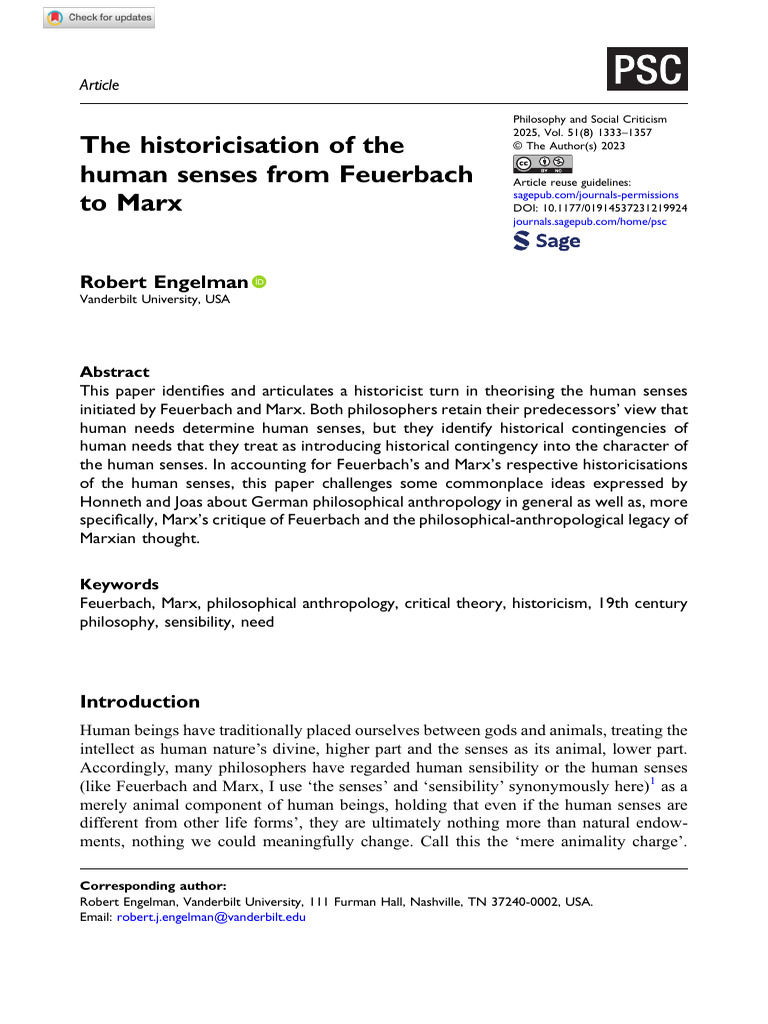 Engelman 2023 The Historicisation of The Human Senses From Feuerbach To ...