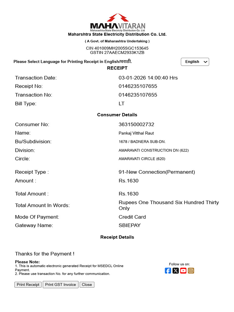 Payment Receipt RAUT | PDF