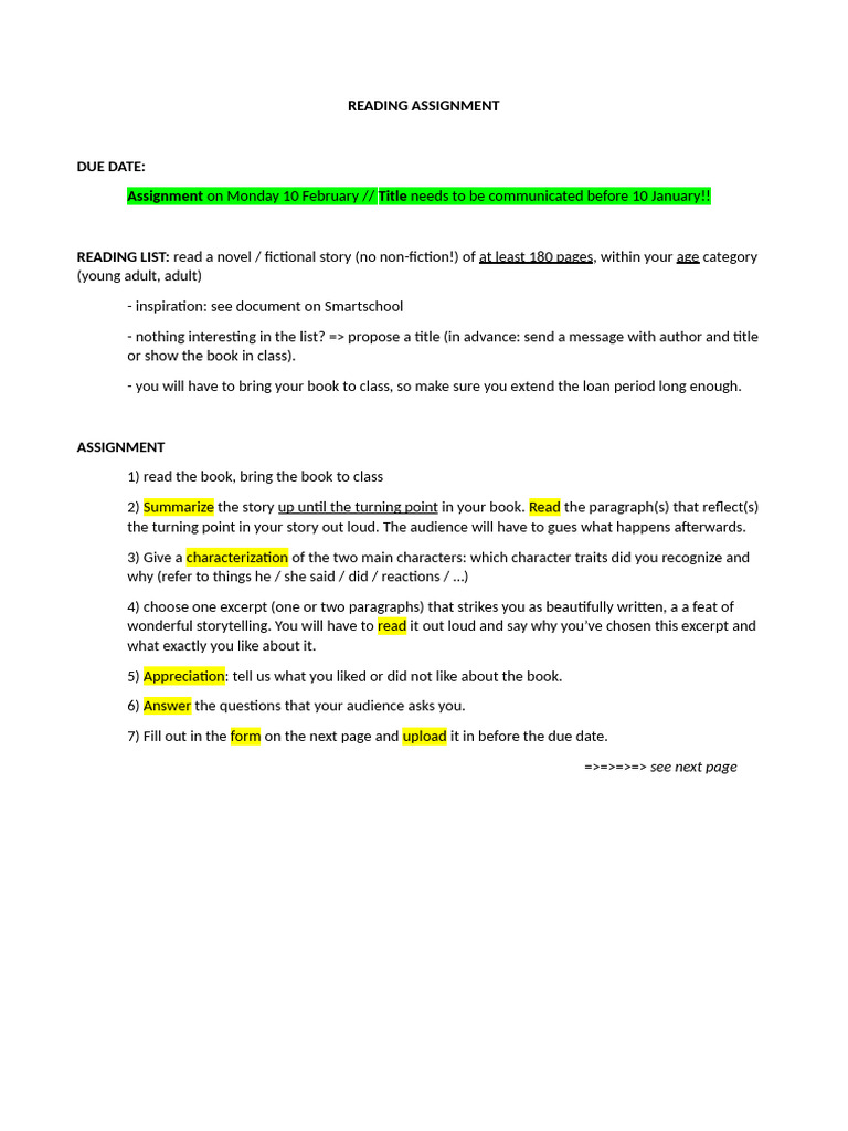 Reading Assignment 5th Form | PDF