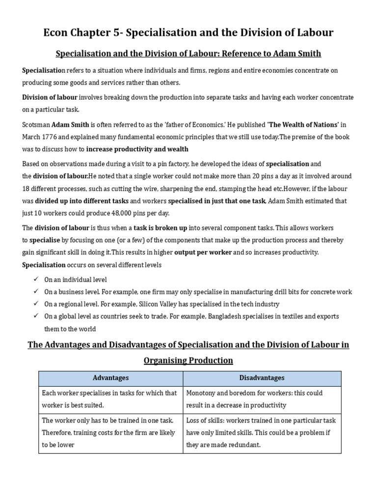 Chapter 5 - Specialisation and The Division of Labour | PDF | Money ...