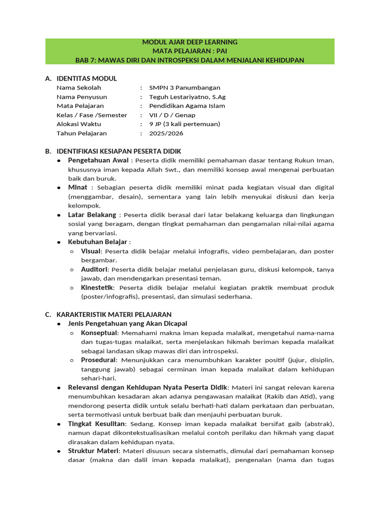 Modul Ajar 7 PAI Dan Budi Pekerti Kelas 7 (Modulguruku - Com) | PDF