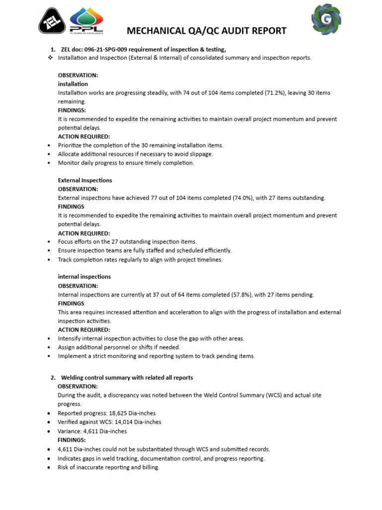 Mechanical QA QC Audit | PDF | Nondestructive Testing | Regulatory ...