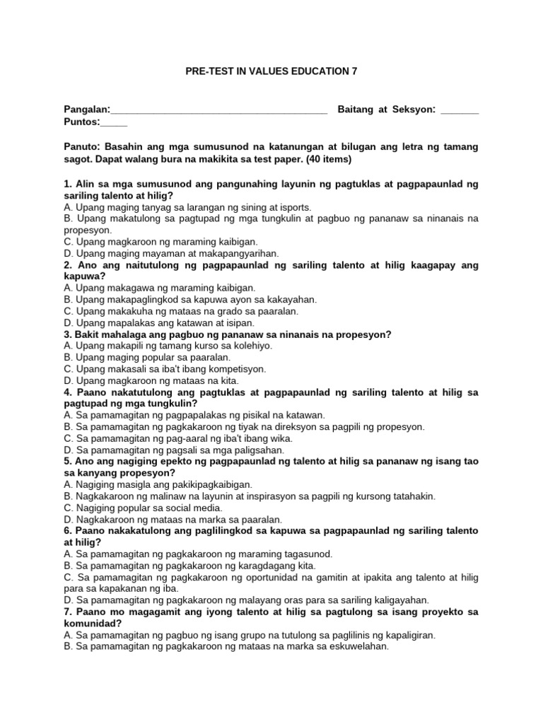 Pre Test in Values Ed. 7 | PDF