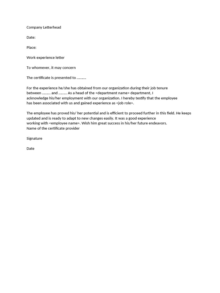 Work Experience Certificate Word Format 7821b6b078 | PDF