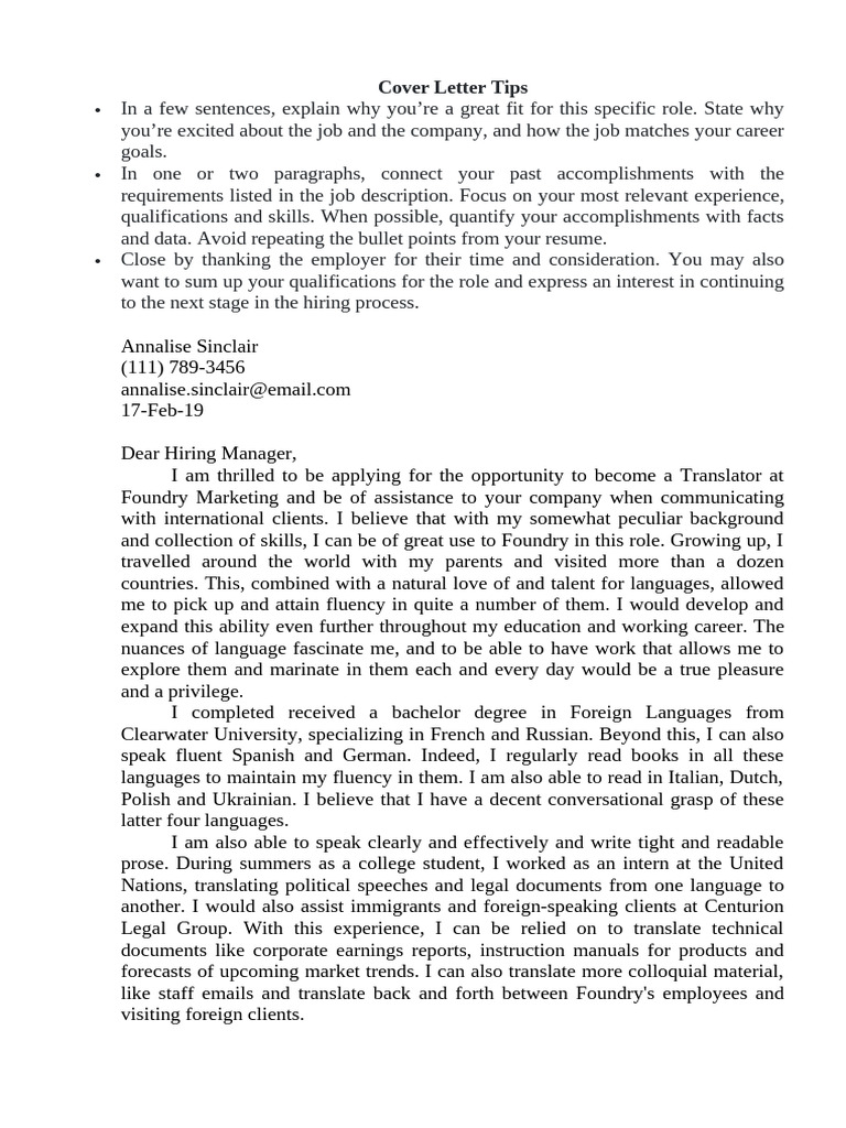 FunnyTranslator Cover Letter Samples | PDF | Translations | Linguistics