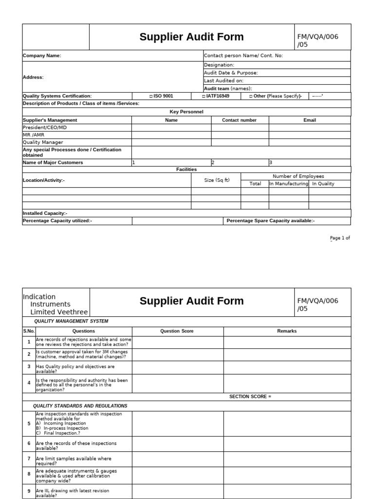 Supplier Audit Form | PDF