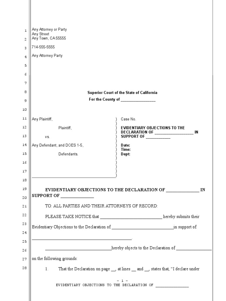 Sample Evidentiary Objections for California Mail Hearsay