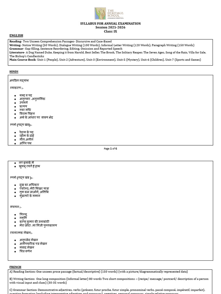 Class IX Syllabus Annual 31.12.25 | PDF