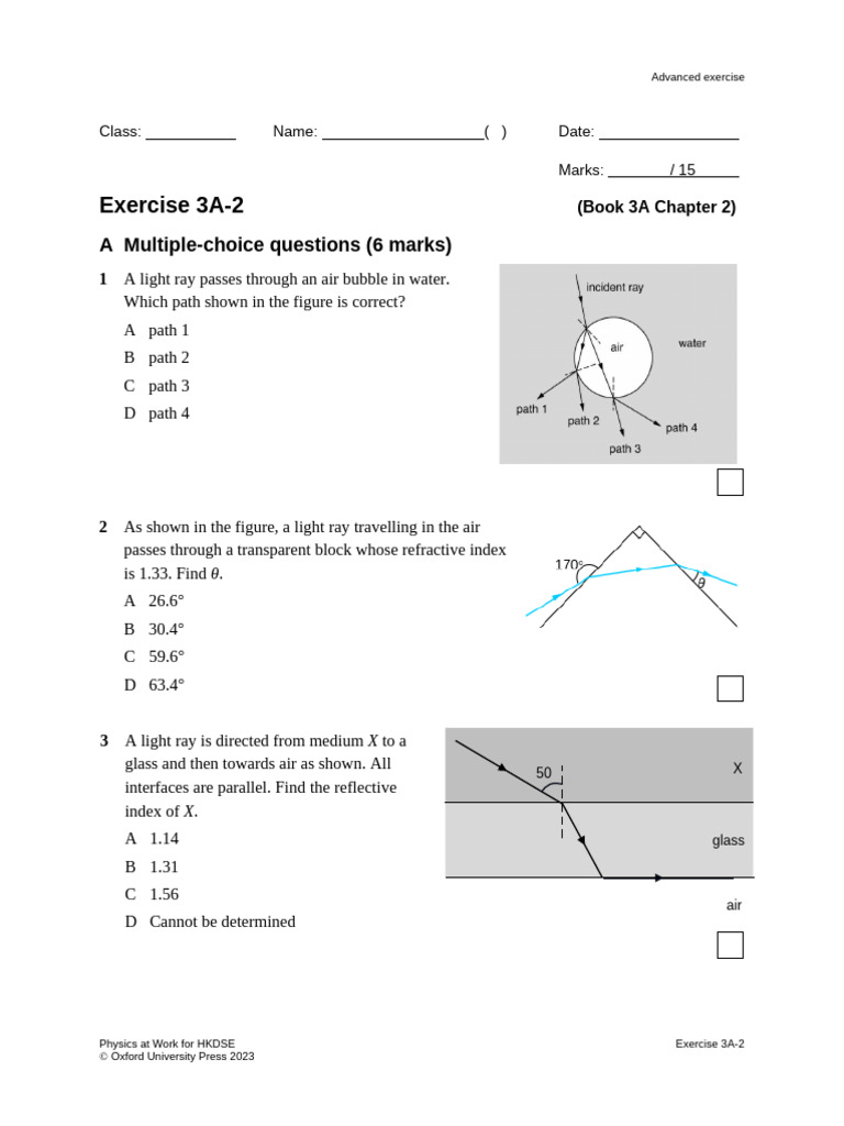 Advanced Ex 3A02 | PDF | Refraction | Refractive Index