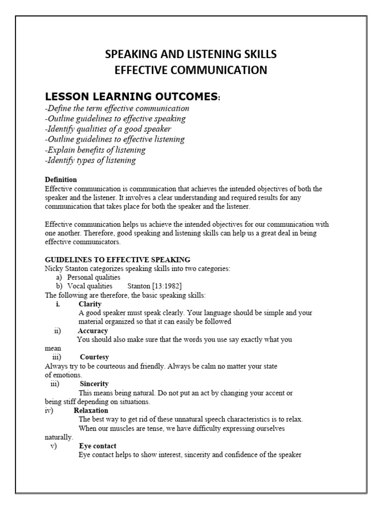 SPEAKING AND LISTENING SKILLS | PDF | Communication | Accent ...