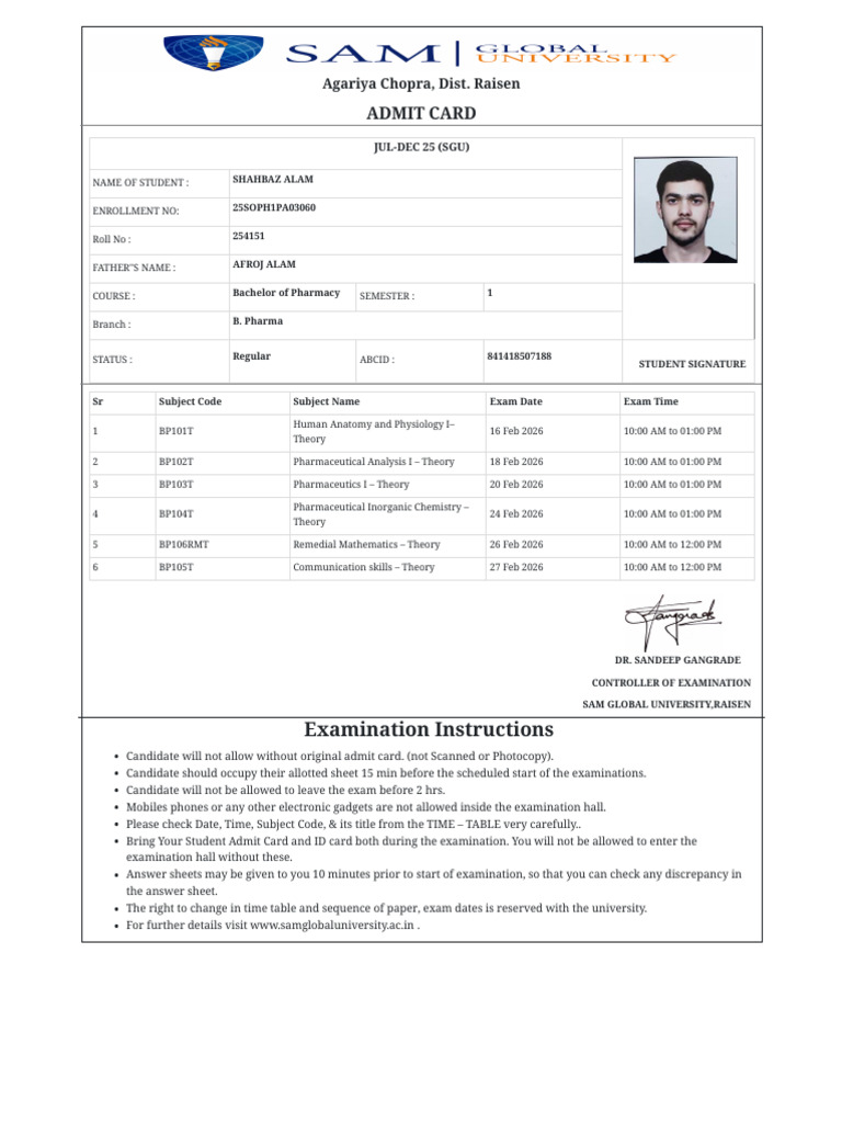 Admit Card 1st Sem | PDF | Qualifications