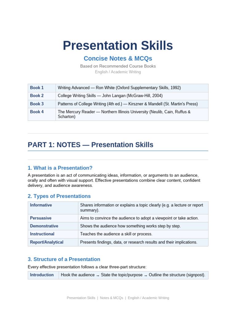 Presentation Skills Notes MCQs | PDF | Multiple Choice | Communication