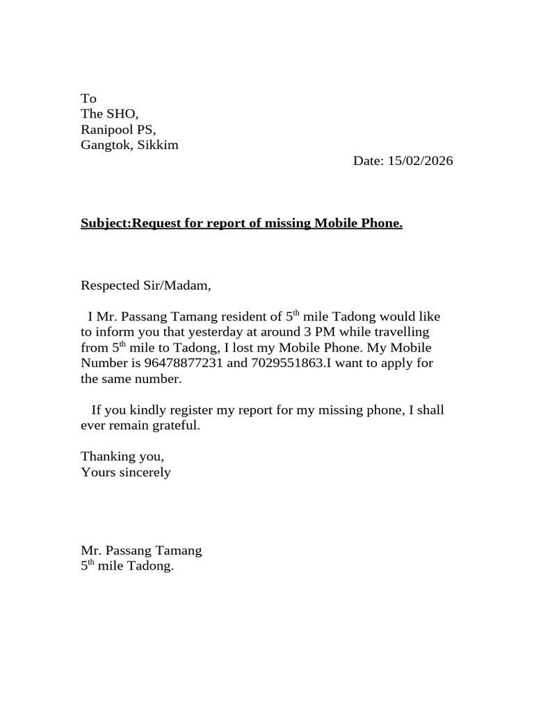 Subject:Request For Report of Missing Mobile Phone | PDF