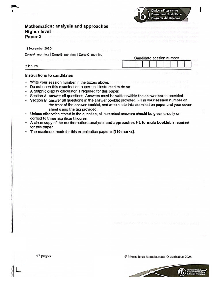 Nov 25 Math Aa Hl p2 Zone A | PDF