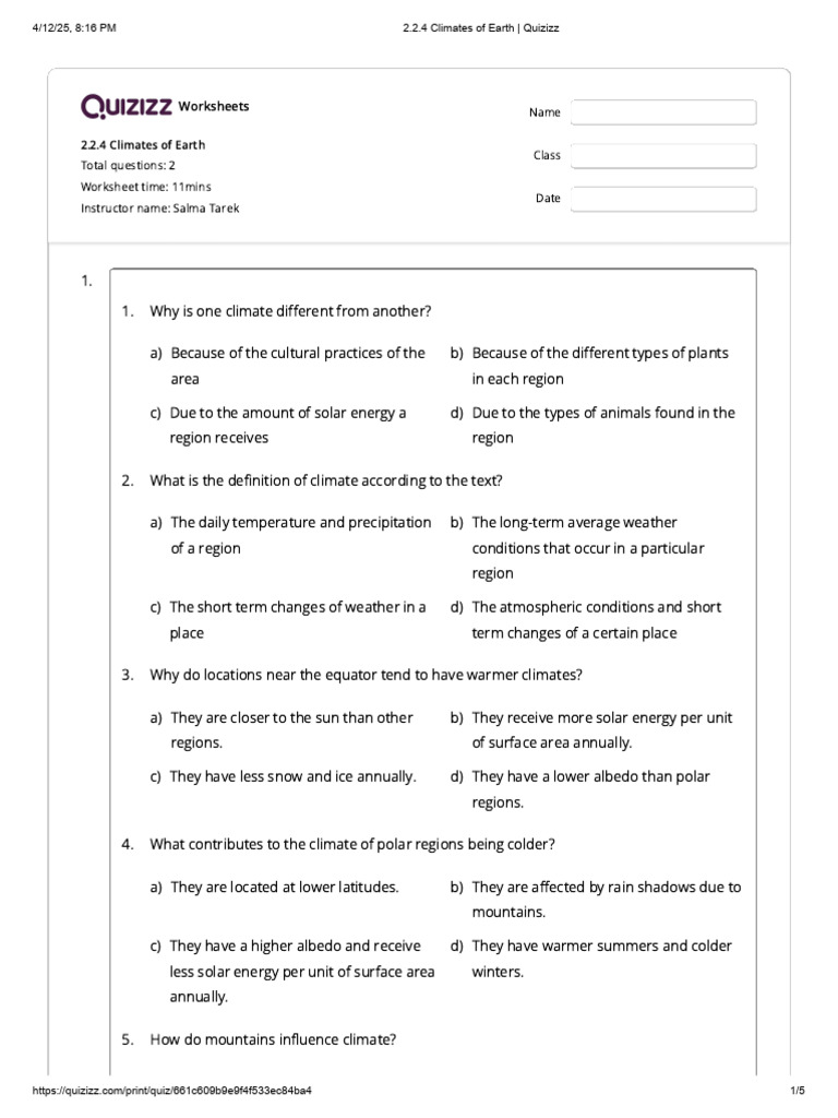 2.2.4 Climates of Earth - Quizizz | PDF | Climate | Rain