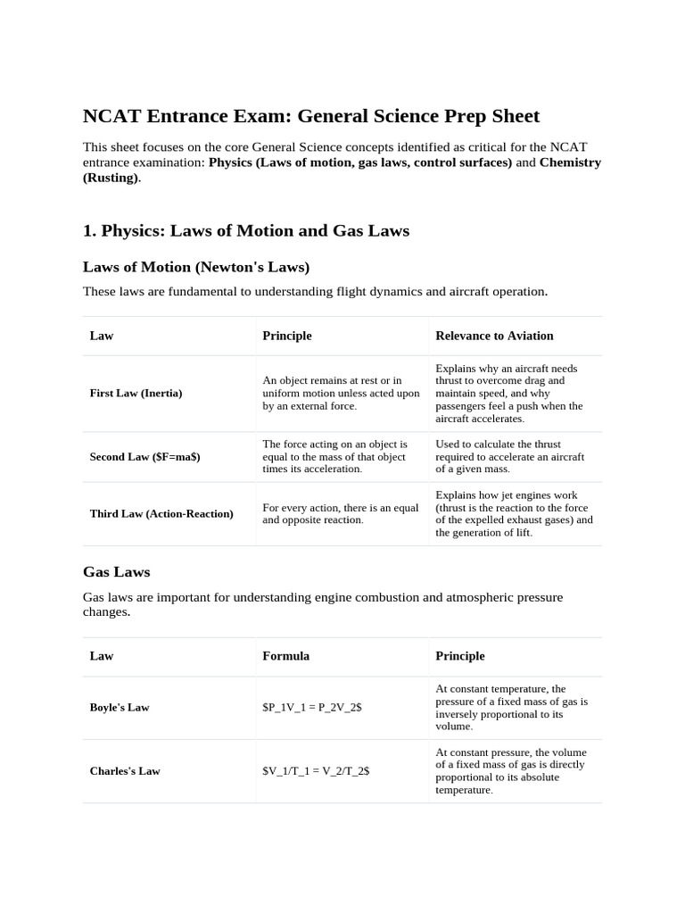NCAT Entrance Exam General Science Prep Sheet | PDF | Gases | Rust