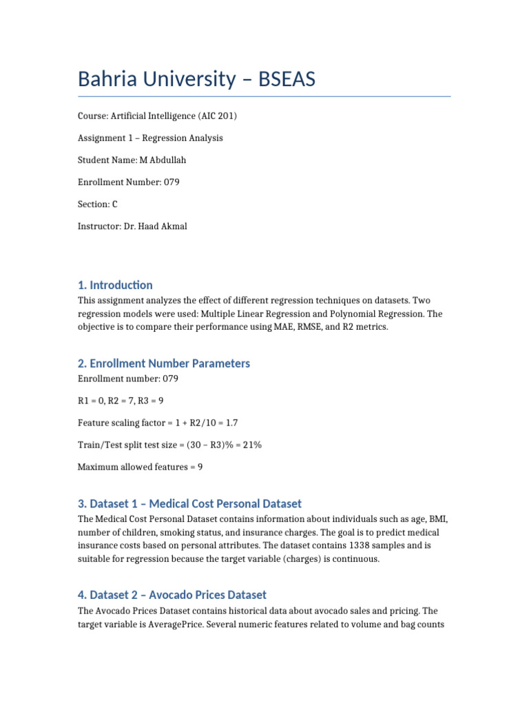 AI Assignment Regression Template | PDF | Regression Analysis | Linear ...