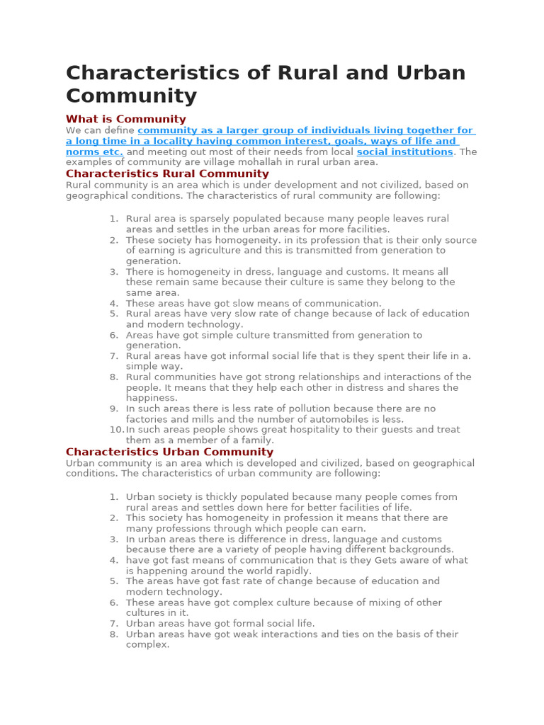 Characteristics of Rural and Urban Community | PDF | Community | Society