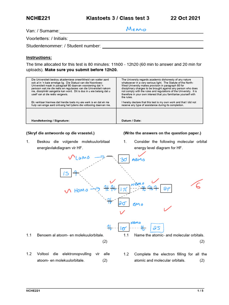 NCHE221 - A4 - Test 3 - 20211022 - Memo | PDF