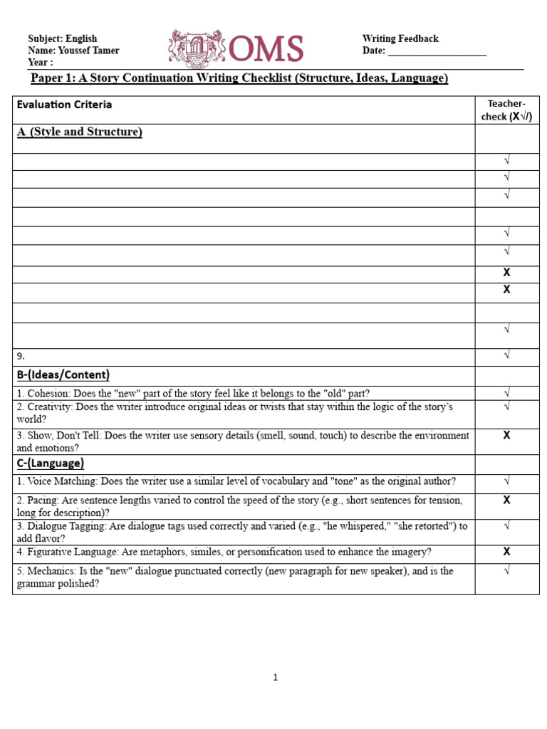 Youssef T. a Story Continuation Writing Feedback (1) | PDF