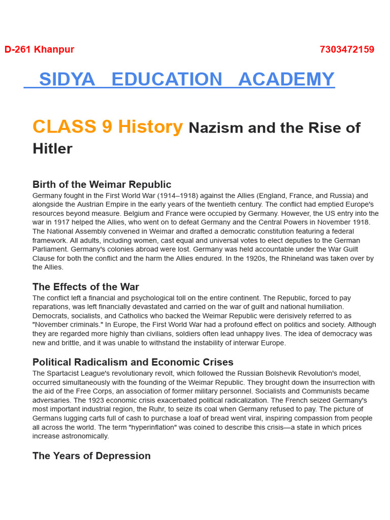 Class 9 History CH 3 Nazism and The Rise of Hitler Notes | PDF | Adolf ...