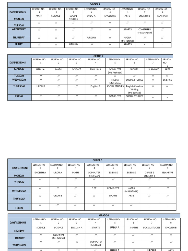 Grade 1 To 8 Time Table Final Semester Updated | PDF