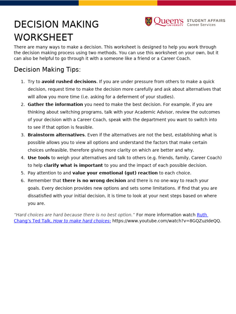 Decision Making Worksheet | PDF | Decision Making | Psychology