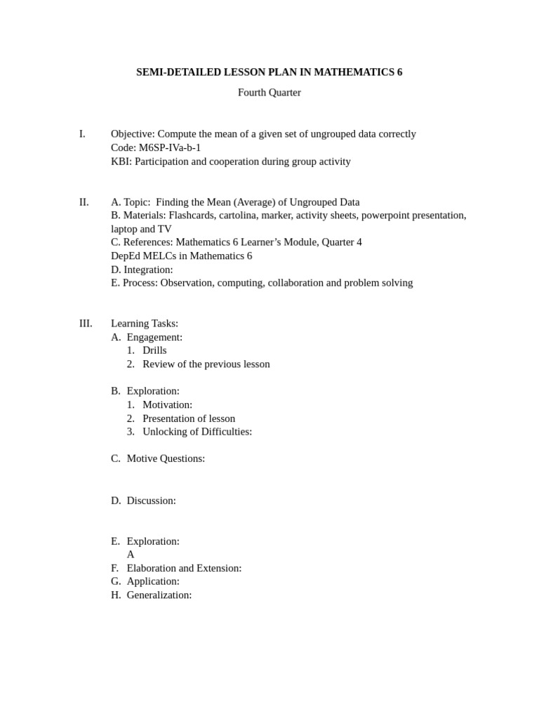 Semi-Detailed Lesson Plan in Mathematics 6 | PDF