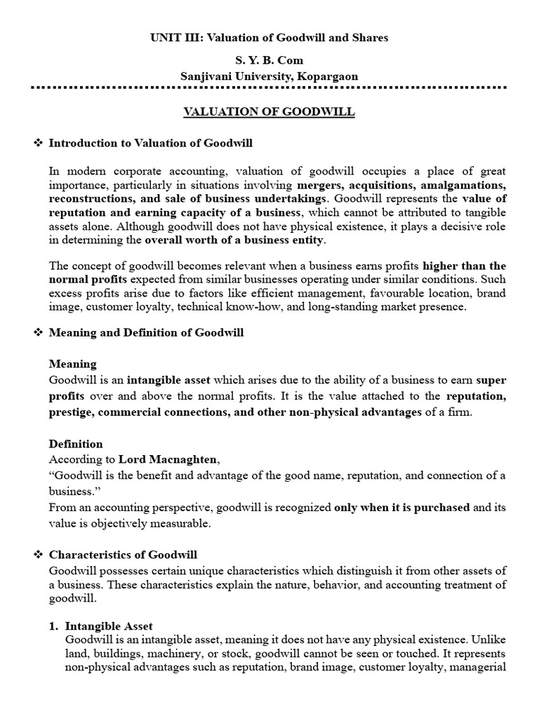 Valuation of Goodwill and Shares Notes | PDF | Valuation (Finance ...