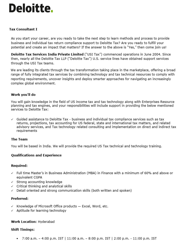 Deloitte Tax FY26 TCI USI KS MBA Job Description | PDF | Taxes | Leadership