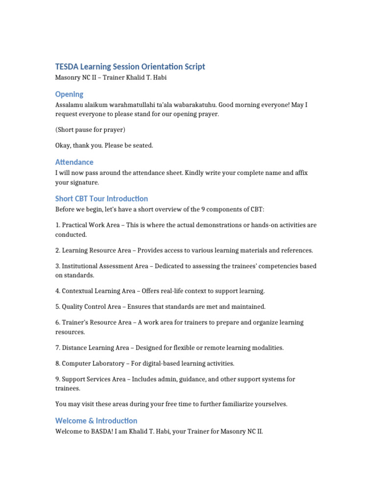 TESDA Orientation Script Khalid Habi | PDF
