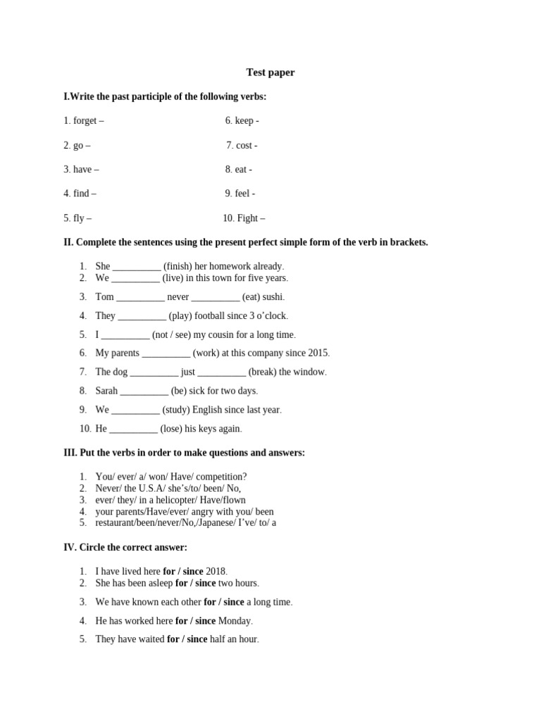 Test Paper Present Perfect Simple | PDF