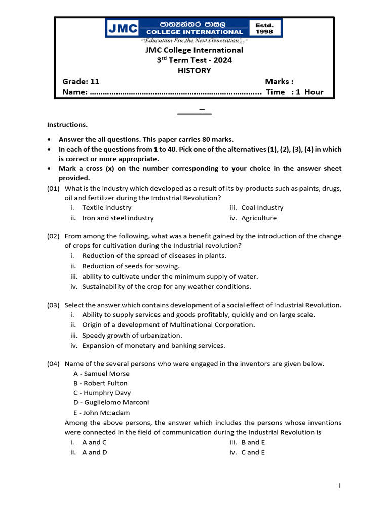 History 1 Grade 11 3rd Term 2024 | PDF