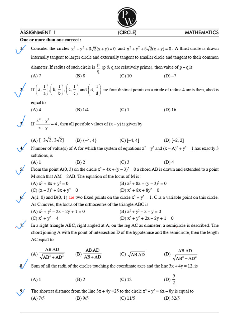 Circles Assignment | PDF | Circle | Analytic Geometry