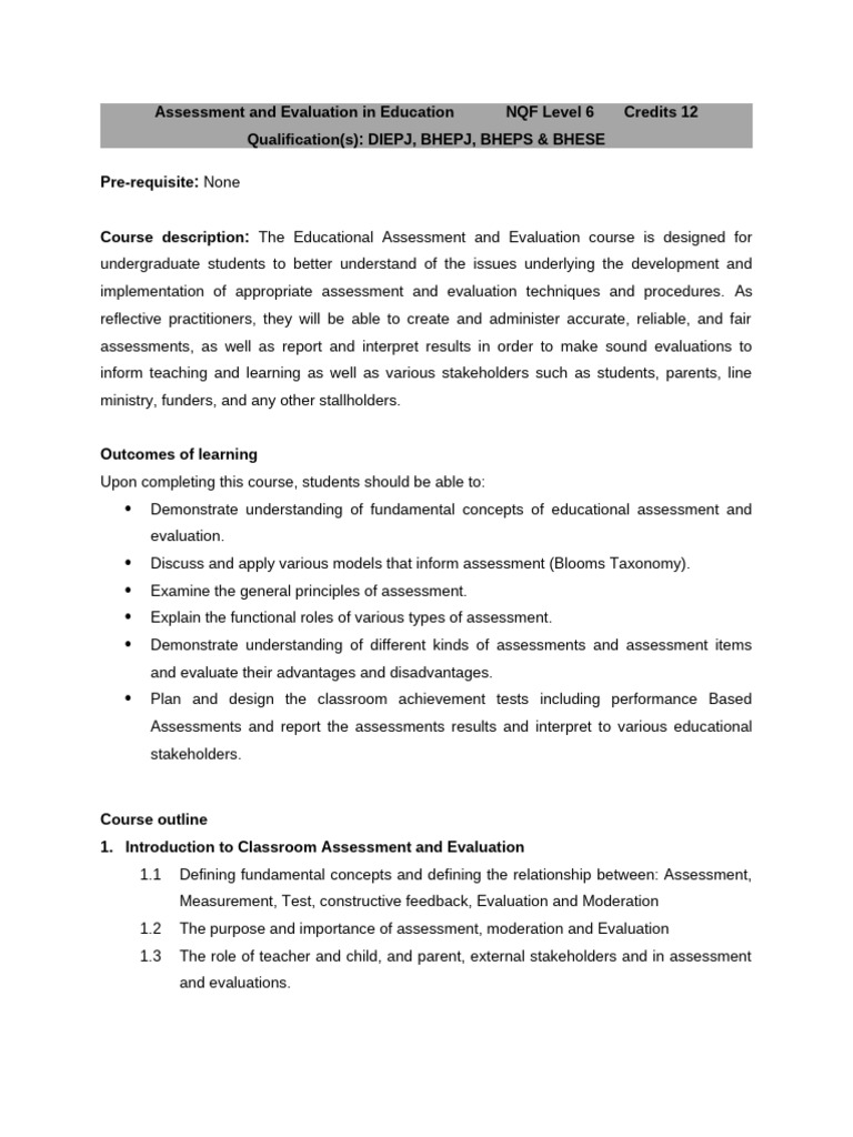 Assessment and Evaluation in Education NQF Level 6 Credits 12 ...