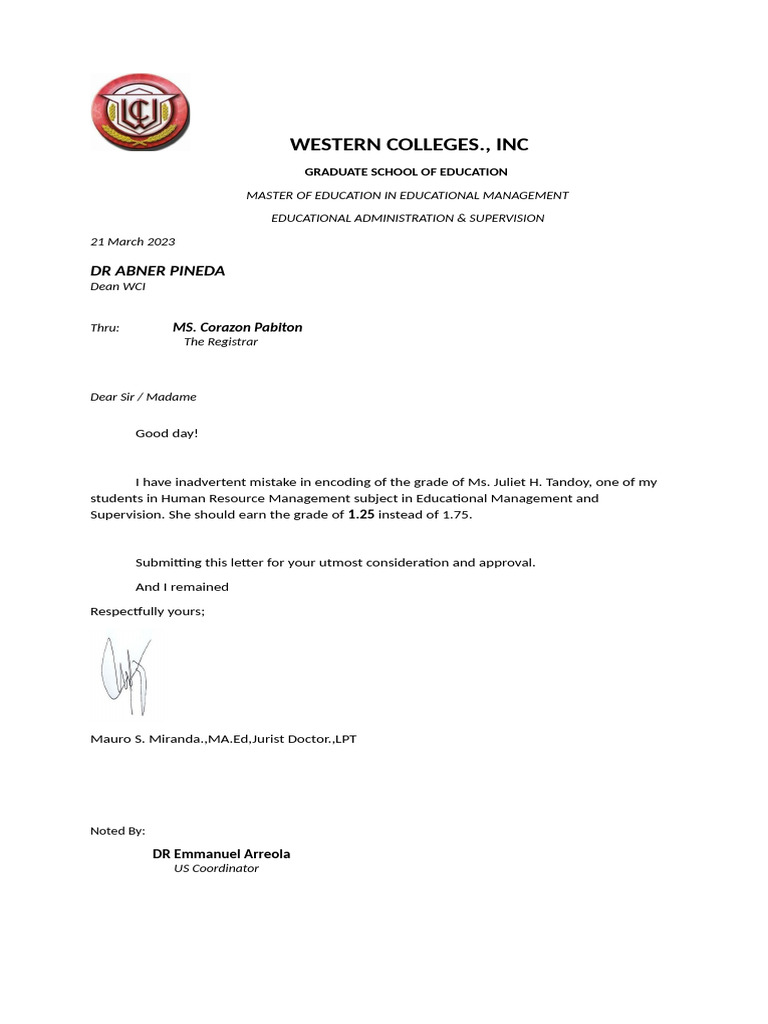 Letter To Change Grade | PDF
