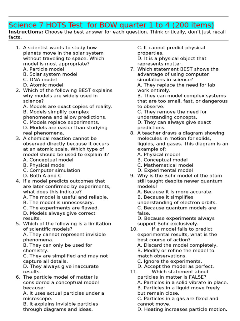 Science 7 Quqrter 1-4 BOW Questions | PDF | Meiosis | Mitosis