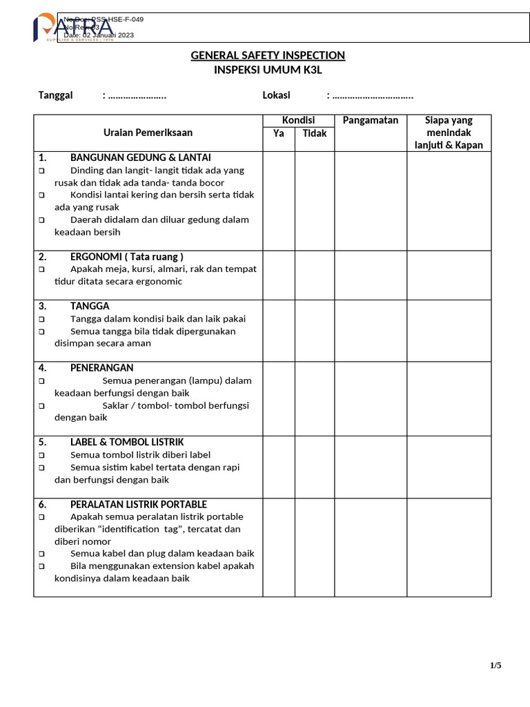 Form HSE - General Safety Inspection - Rev.03 | PDF