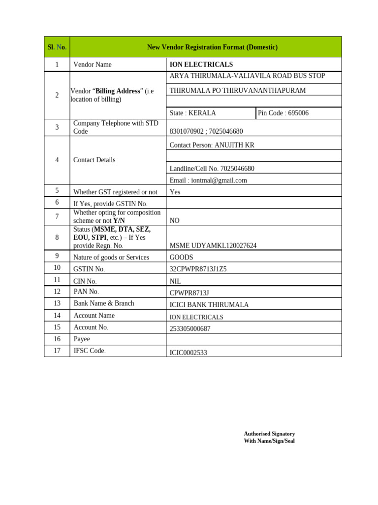 New Vendor and GST Registration Format | PDF
