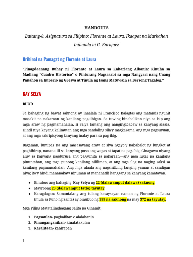 Handouts - Kay Selya Sa Babasa Nito at Puno NG Salita - Mapanglaw Na ...