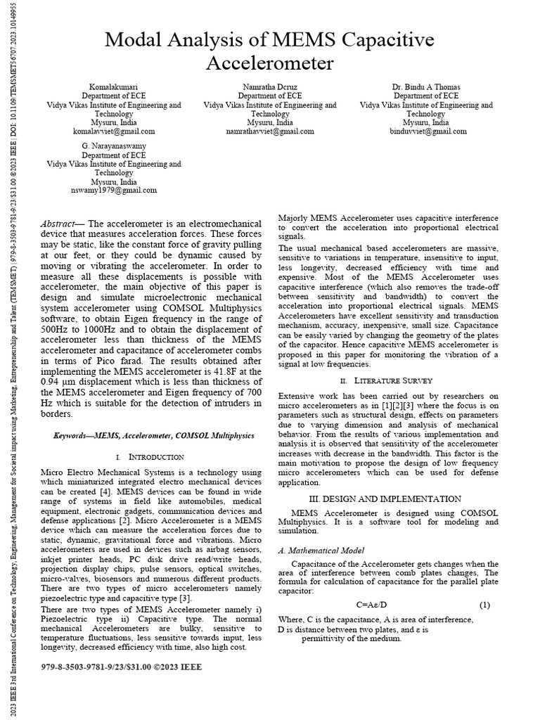 Modal Analysis of MEMS Capacitive Accelerometer | PDF | Accelerometer ...