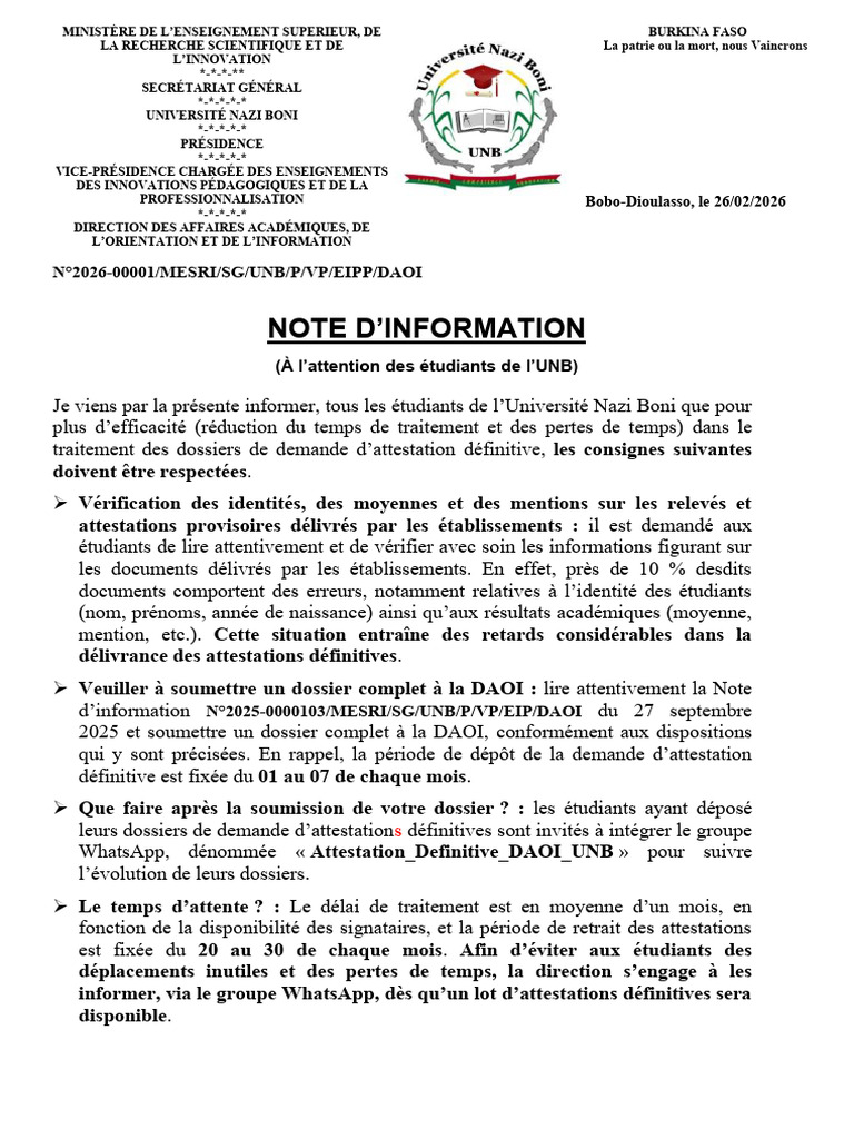 Note D'information - Obtention - Attestation Definitive - Etudiants | PDF