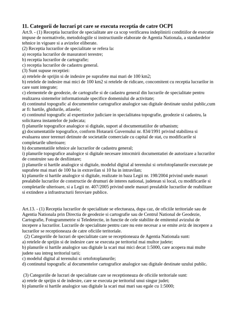 11. Categorii de Lucrari Pt Care Se Executa Receptia de Catre OCPI | PDF